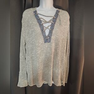 Vintage Cream and Blue Lace-Up Blouse